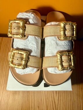 SCHUTZ Beige Double-Strap Sandals with Gold Buckles
